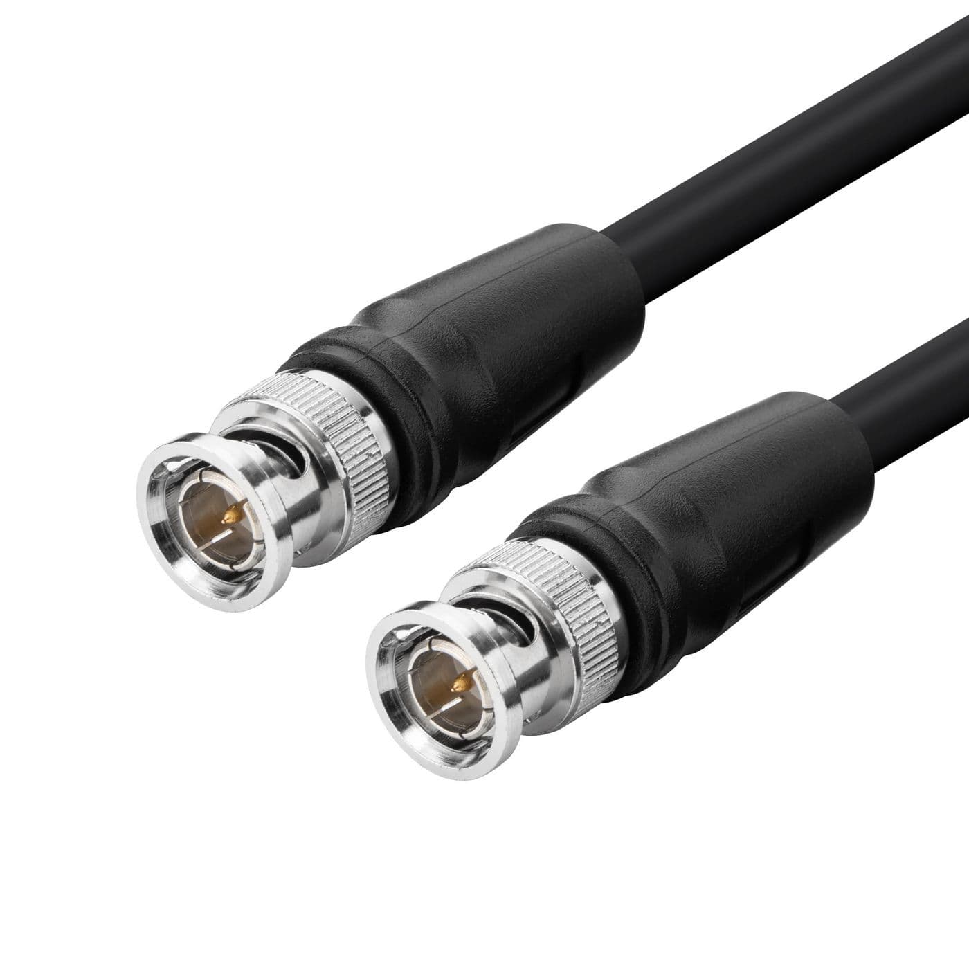 Black RG-6 coaxial cable featuring two BNC connectors with metal ends, designed for HD-SDI applications, measuring 10 meters in length.