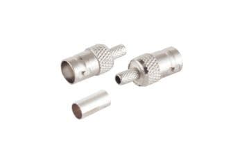 Silver Microconnect BNC58F coaxial connector featuring a knurled grip for secure attachment, with a detachable sleeve for easy installation and compatibility with coaxial cables.