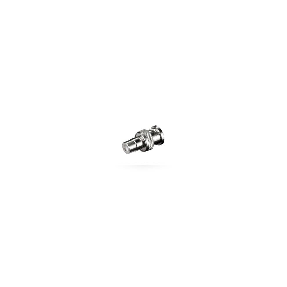 Metallic BNC to RCA gender changer with a shiny finish, featuring a cylindrical design and threaded connector for secure attachment.