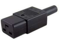 Black C19 coupler power cable with a rectangular connector, featuring a textured surface and multiple pin openings, designed for secure electrical connections.