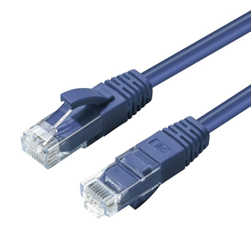 Blue Microconnect CAT6A UTP network cable, 0.15m long, featuring clear plastic connectors with locking tabs on both ends.
