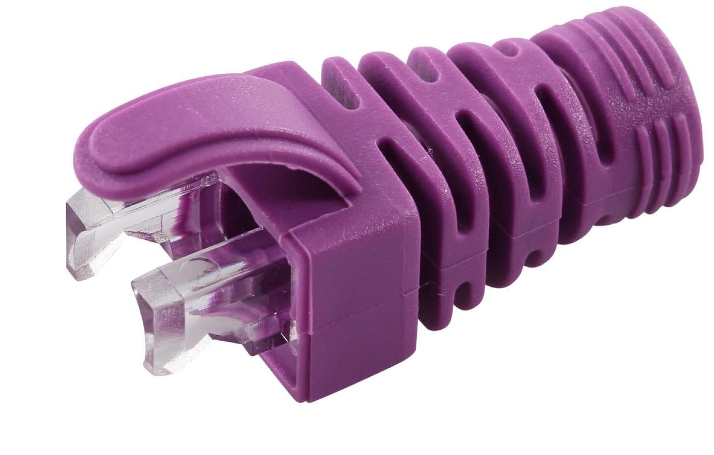 Purple Microconnect CONB65V networking cable connector featuring a ribbed design for grip and transparent ends for secure connections.
