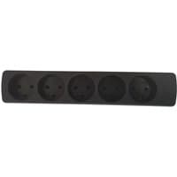 Black Microconnect Danish power strip with five round sockets in a row.