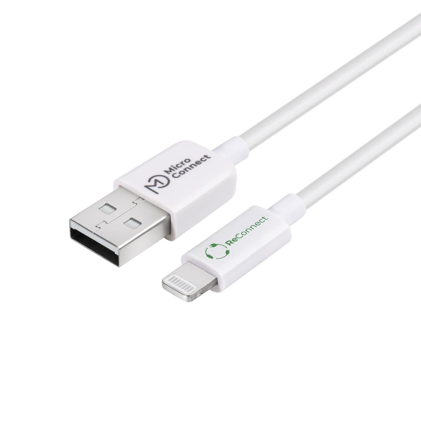 White Microconnect ECO-LIGHTNING2 Lightning cable, 2 meters long, featuring a USB connector on one end and a Lightning connector on the other, with green branding on the connectors.