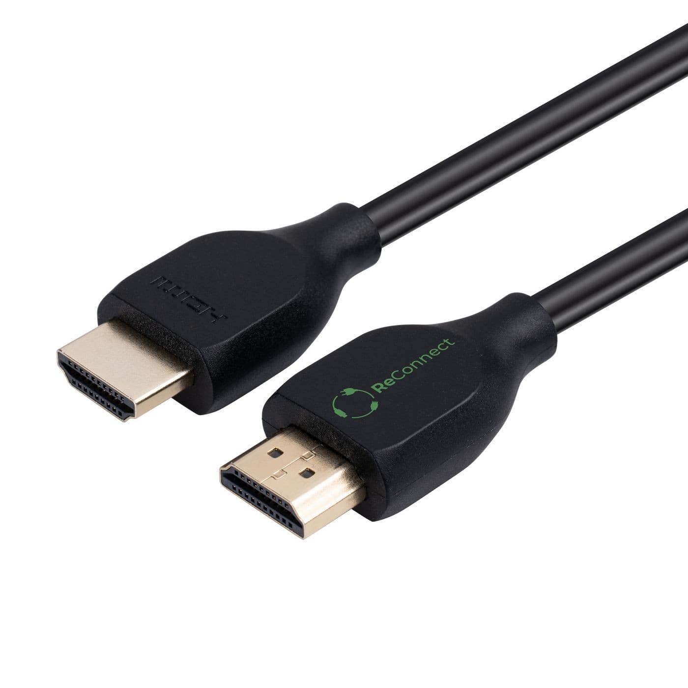 Black HDMI cable, 1.5 meters long, featuring gold-plated connectors and a green "Reconnect" logo on one end, designed for high-definition video and audio transmission.