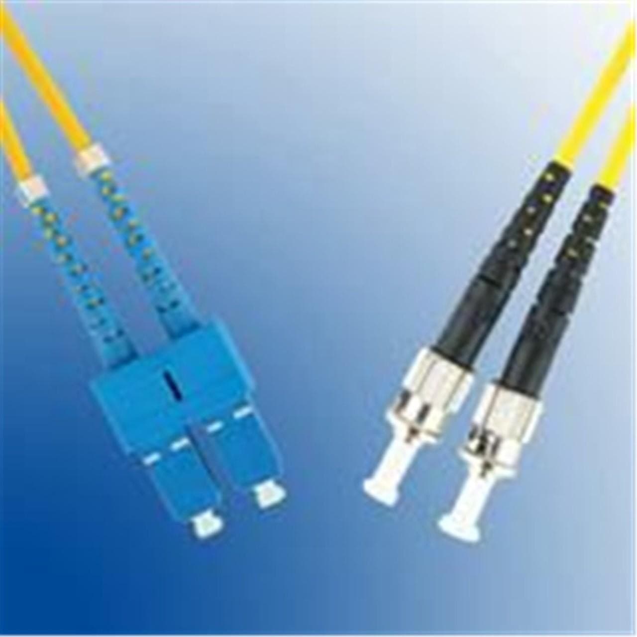 Yellow 1-meter Microconnect InfiniBand/fibre optic cable featuring ST and SC connectors, with a blue connector housing and black protective sleeves on the ends.