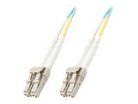 Microconnect FIB442015 InfiniBand/fibre optic cable, 15 meters long, featuring LC connectors with a blue and yellow color scheme, designed for high-speed data transmission.