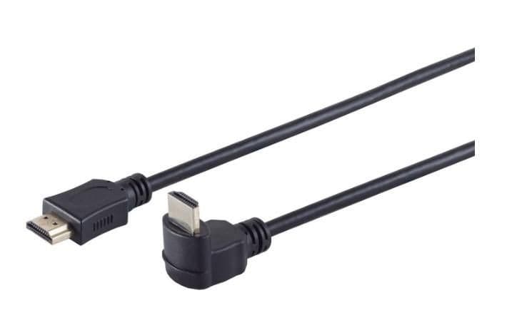 Black HDMI cable with a standard connector on one end and a right-angle connector on the other, featuring a flexible design for easy installation.