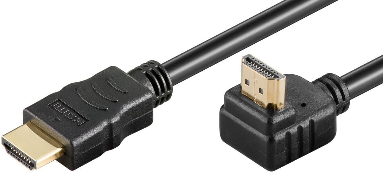 Black HDMI cable with a 1-meter length, featuring a standard Type A connector on one end and a right-angle connector on the other, designed for high-definition video and audio transmission.