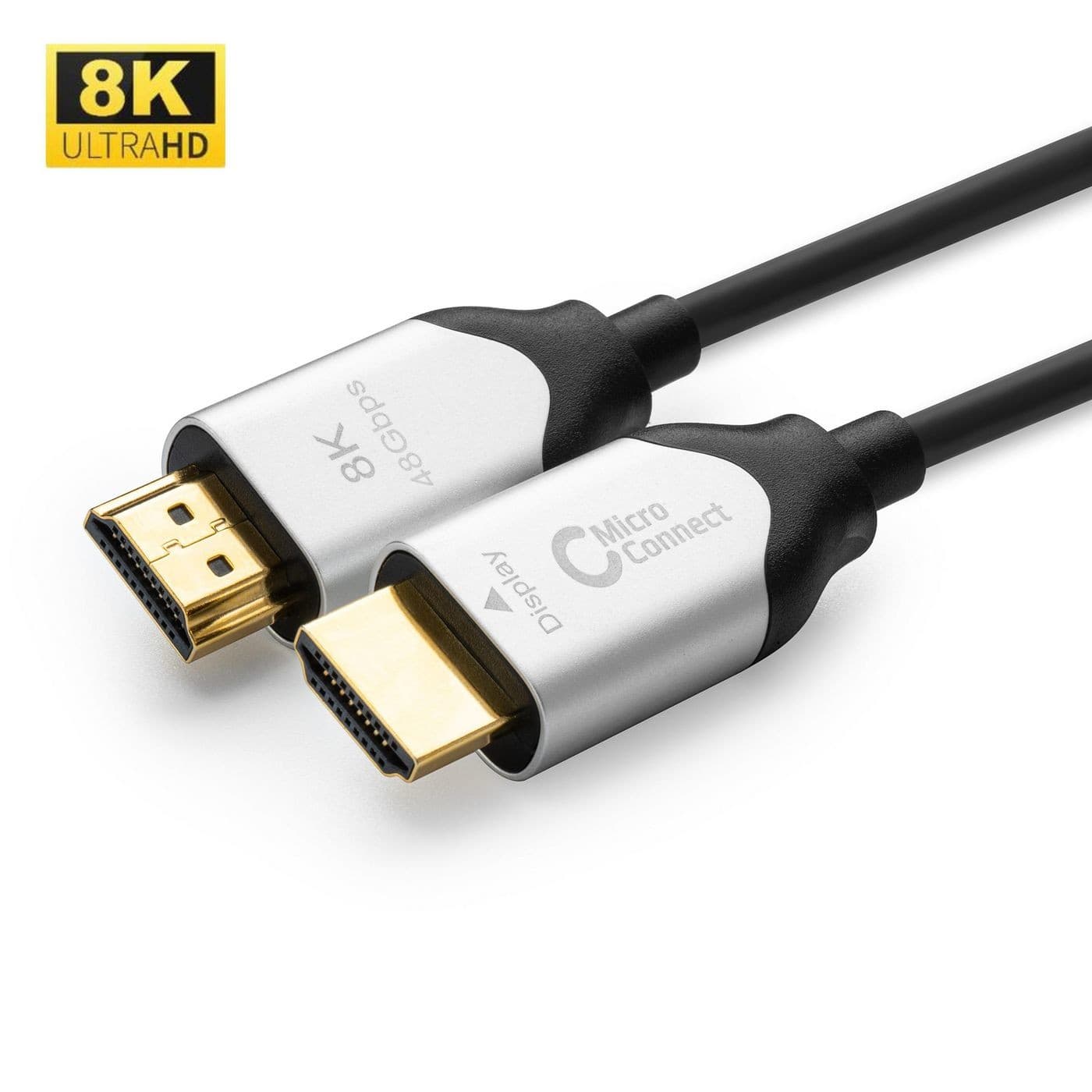 Black HDMI cable with gold-plated connectors, labeled "Micro Connect," supports 8K resolution, featuring a sleek design with a durable material for high-performance connectivity.