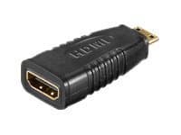 Black mini HDMI to HDMI gender changer cable with a textured grip and gold-plated connectors for optimal connectivity.