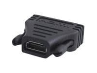 Black HDMI gender changer with a compact design, featuring an HDMI Type A port and a DVI-D Dual Link port, made of durable plastic with ribbed texture for grip.