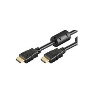 Black Microconnect HDMI High Speed Cable, 1.5m long, featuring gold-plated connectors and a flexible design with a built-in ferrite core for reduced interference.