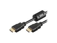 Black HDMI high-speed cable measuring 10 meters, featuring gold-plated connectors on both ends and a flexible rubber casing for durability.