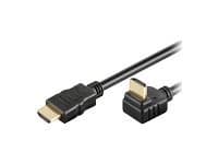 Black Microconnect HDMI high-speed cable, 2 meters long, featuring gold-plated connectors and a right-angle design for easy connectivity in tight spaces.
