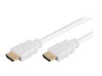 White Microconnect HDMI high-speed cable, 5 meters long, featuring gold-plated connectors on both ends for optimal signal transfer.