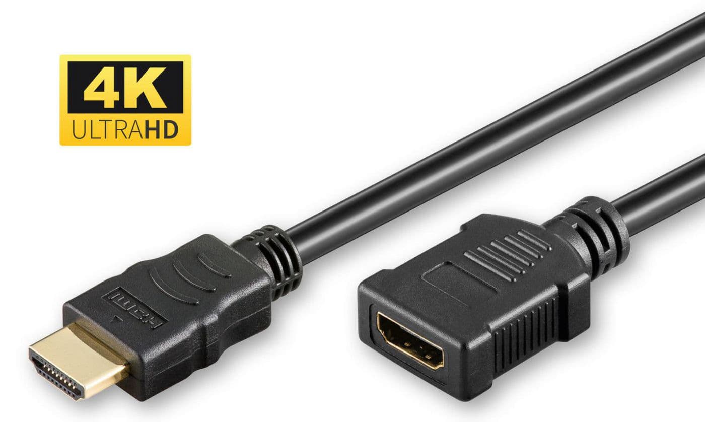 Black Microconnect HDMI High Speed Extension Cable, 5m long, featuring a gold-plated male connector on one end and a female connector on the other, supports 4K Ultra HD.