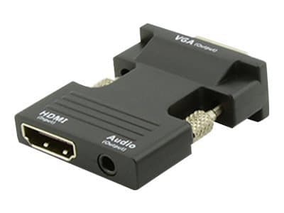 Black Microconnect HDMIVGAAUDIOB cable gender changer with HDMI, VGA (D-Sub), and audio ports, featuring a compact design and metal connectors for durability.
