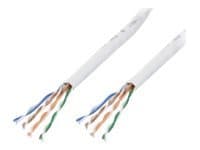 White networking cable with a length of 305 meters, featuring Cat5e U/UTP specifications and multiple twisted pairs of colored wires (blue, orange, green).