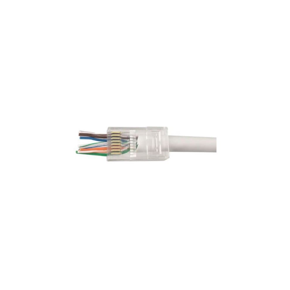 Transparent RJ-45 wire connector with visible colored wires inside, attached to a white cable, designed for network connections.