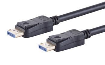 Black DisplayPort cable with two connectors featuring blue ports, designed for high-resolution video up to 8K, showcasing sturdy plastic housing and a flexible design.