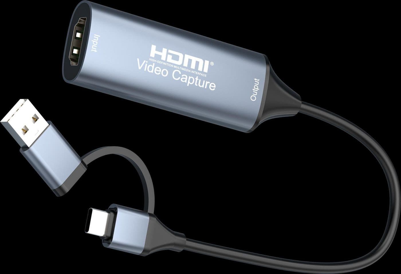 Silver USB graphics adapter with an HDMI input and USB output, featuring a flexible black cable and labeled ports for easy connectivity.