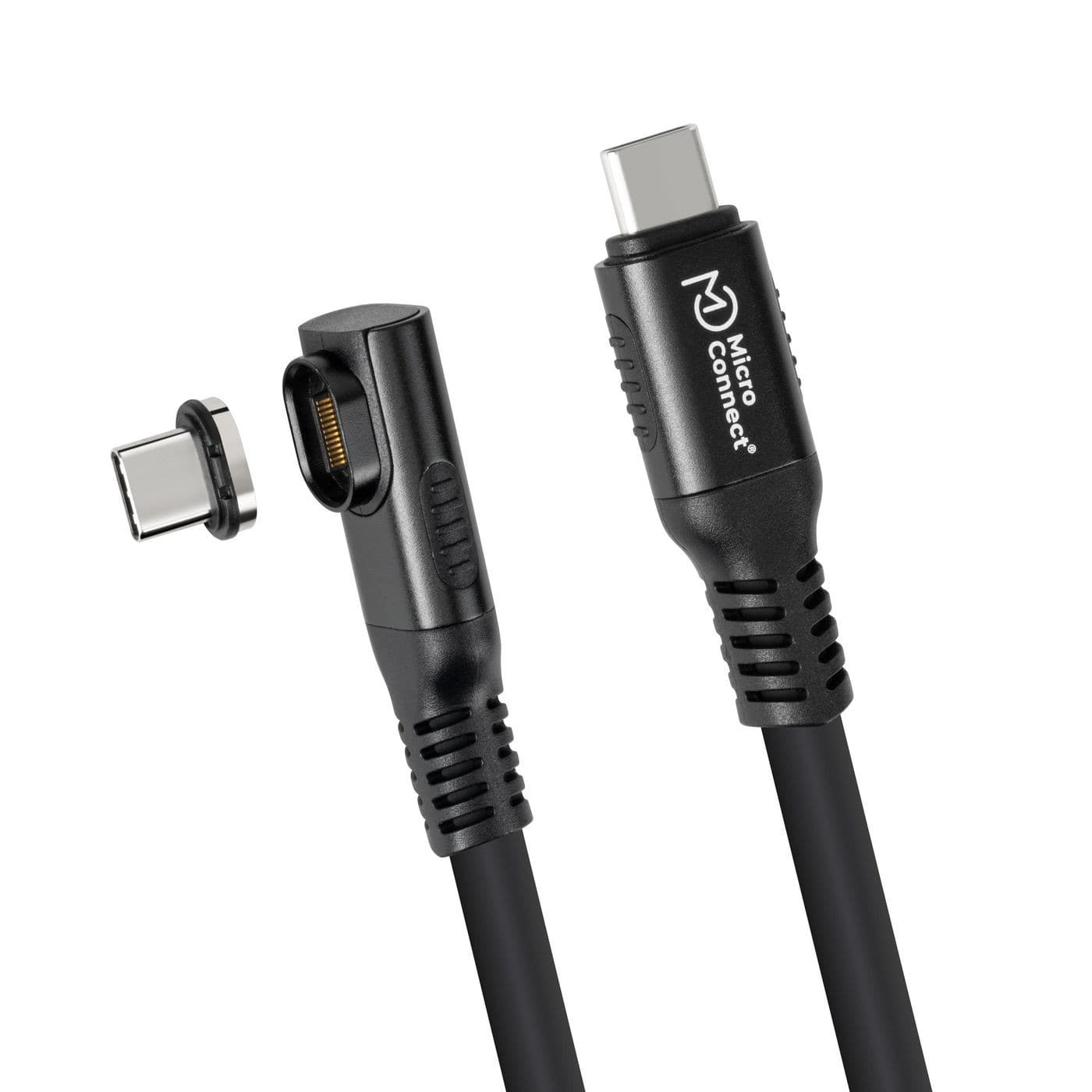 Black USB cable featuring a USB-C connector on one end and a right-angle USB-C connector on the other, with a durable design and branding from Microconnect.