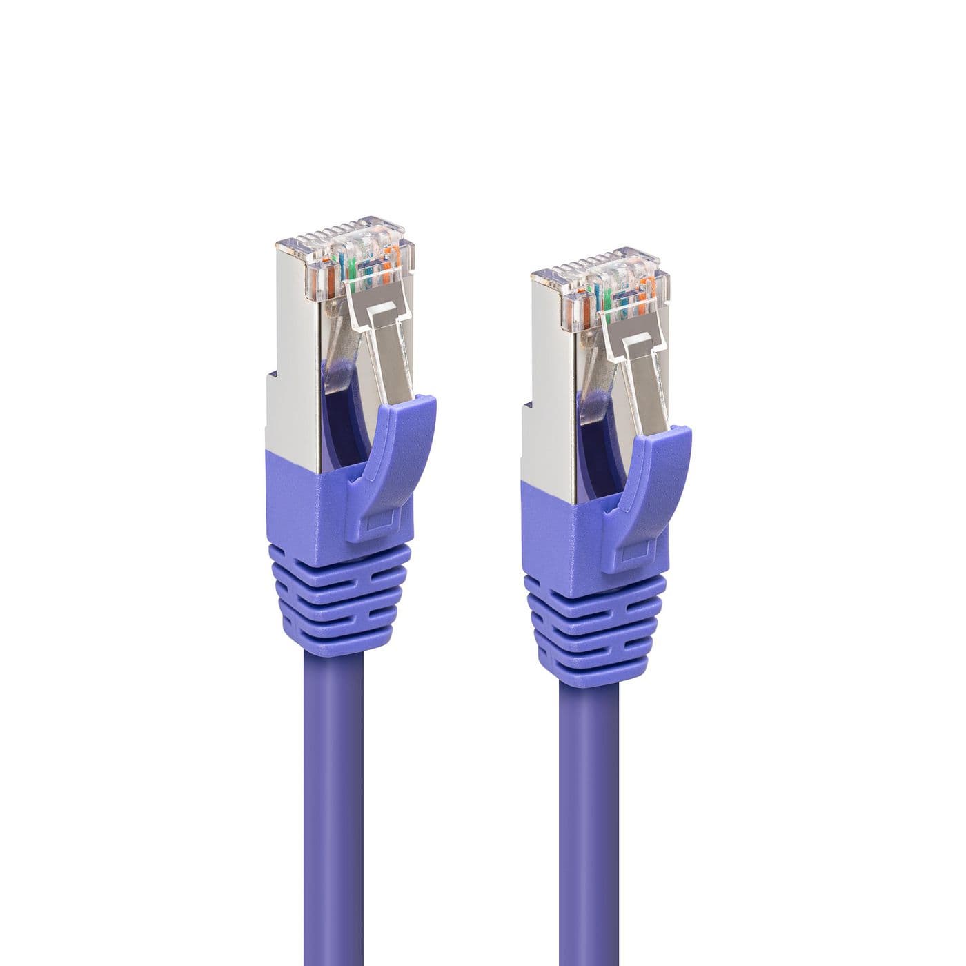 Purple 0.5 m Cat6a S/FTP networking cable with clear connectors and locking tabs on both ends, designed for high-speed data transmission.
