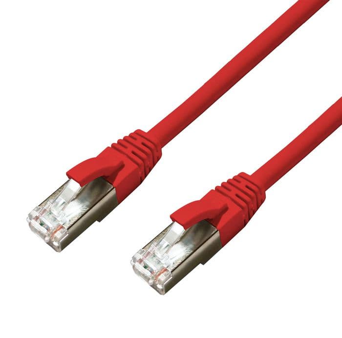 Red 0.5 m Cat6a S/FTP networking cable with clear plastic connectors, featuring a sturdy design for high-speed data transmission.