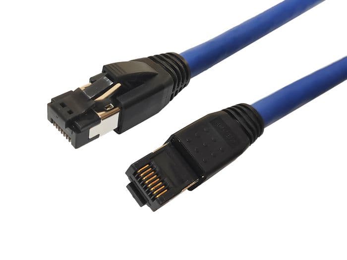 Blue 3-meter Microconnect MC-SFTP803B Cat8.1 S/FTP networking cable with black connectors, featuring a sturdy design for high-speed data transmission.