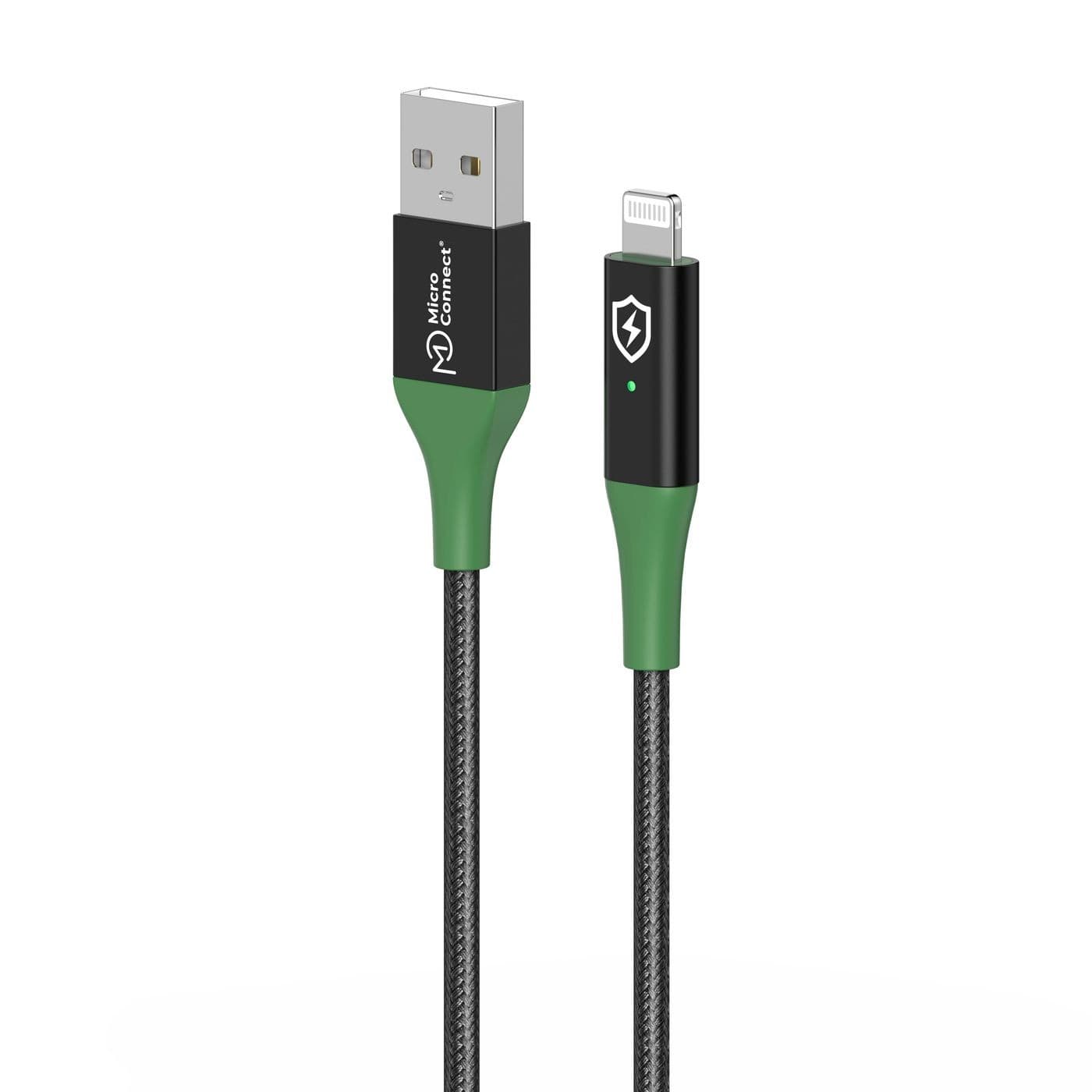 Black and green Microconnect MC-SMART USB a-L-2 Lightning cable, 2 meters long, featuring a durable design with a USB-A connector and a Lightning connector.