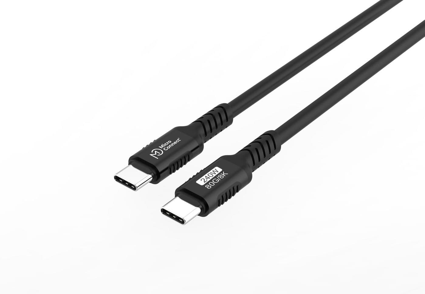 Black USB 4 cable featuring two USB-C connectors, with a durable design and 0.25-meter length, labeled with 240W and 800Gbps specifications.