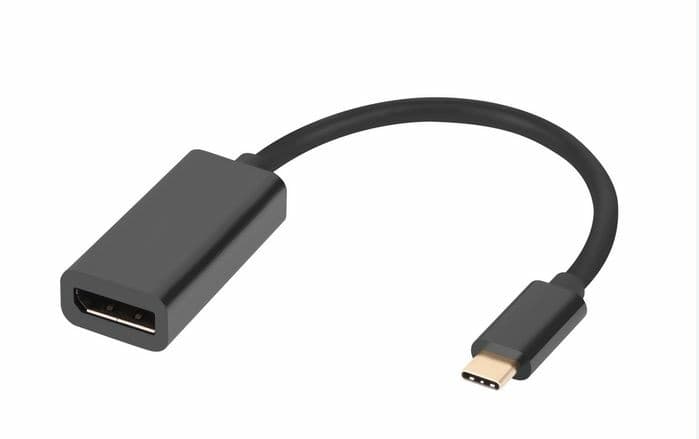 Black USB Type-C to DisplayPort video cable adapter with a sleek design, featuring a rectangular DisplayPort connector and a rounded USB-C connector.
