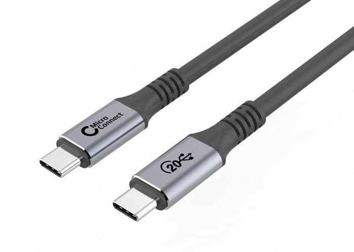 Black USB 3.2 Gen 2x2 cable by Microconnect, featuring two USB-C connectors with a sleek silver casing, designed for high-speed data transfer.