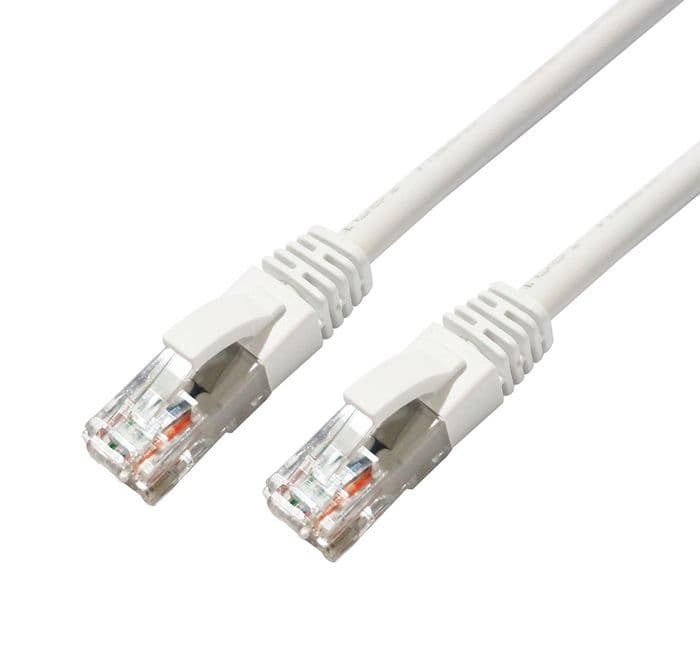 White 0.5 m Cat6a U/UTP networking cable with clear plastic connectors on both ends, featuring eight color-coded wires visible through the connectors.