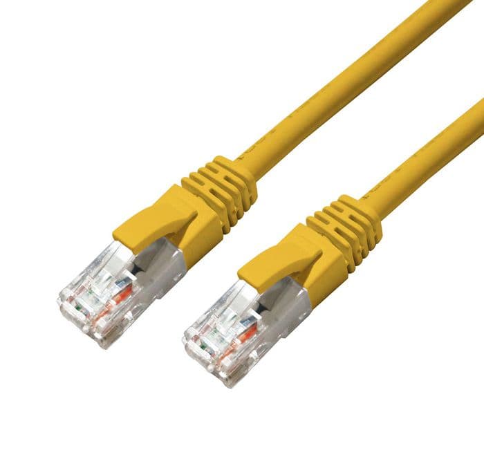Yellow 0.5 m Cat6a U/UTP networking cable with transparent connectors on both ends, featuring a flexible design for reliable data transmission.