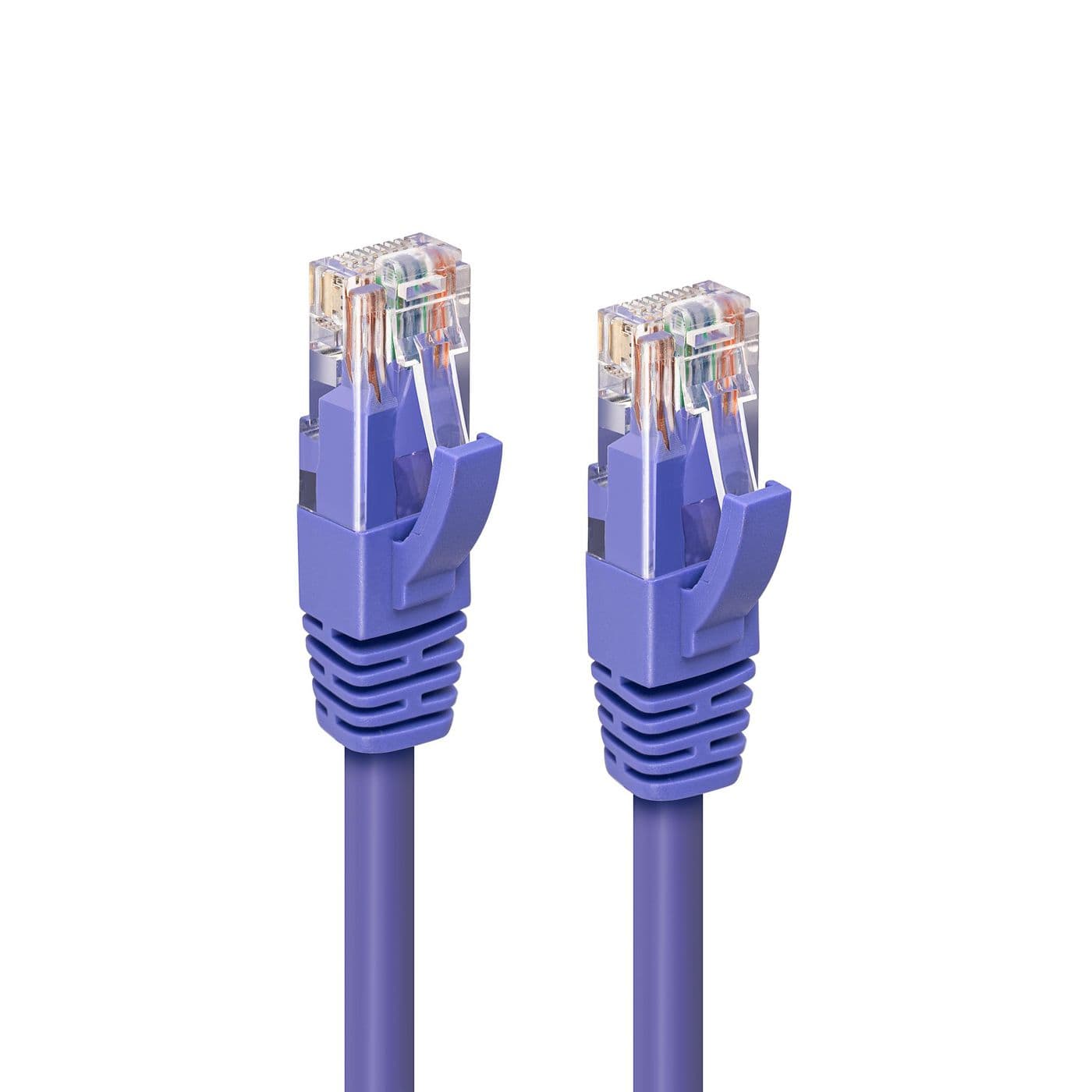 Purple Cat6a U/UTP networking cable, 3 meters long, featuring clear connectors with locking tabs on both ends, designed for high-speed data transmission.