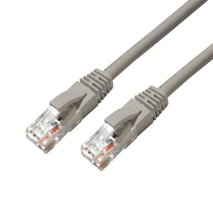 Grey Microconnect MC-UTP6A05 Cat6a U/UTP networking cable, 5 meters long, featuring clear plastic connectors with eight color-coded wires visible inside.