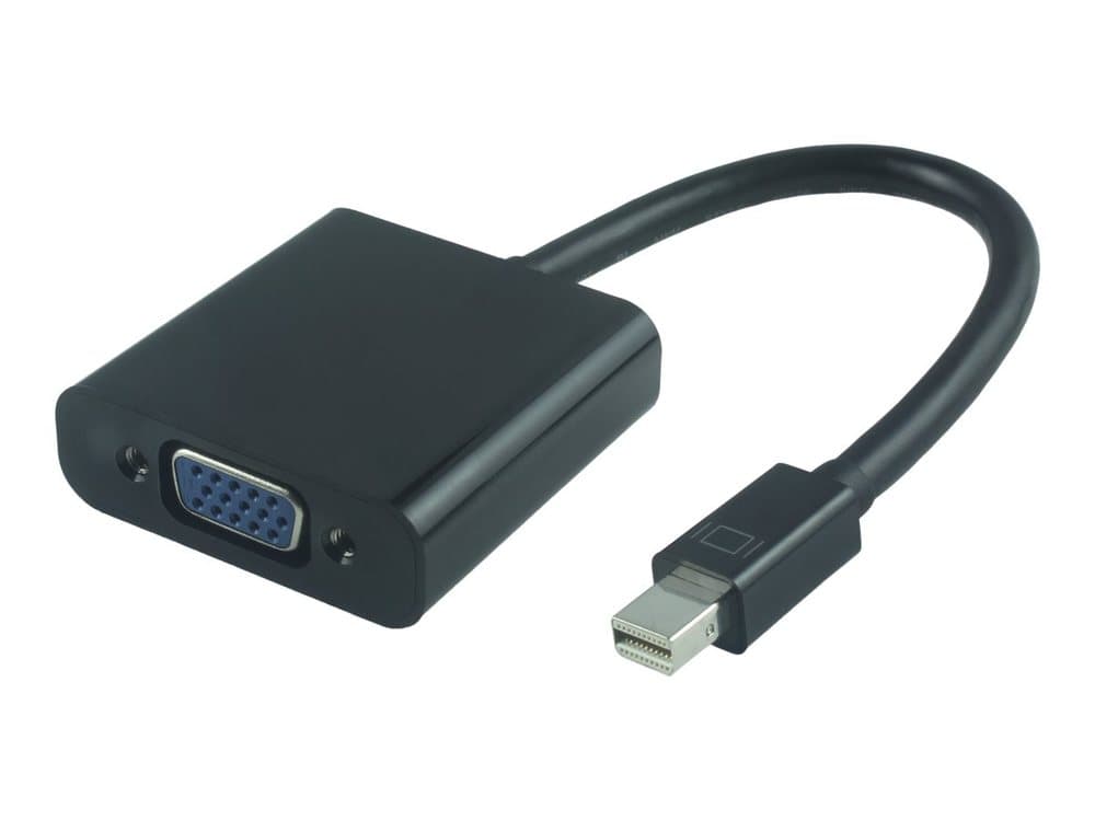 Black Mini DisplayPort to VGA adapter with a short cable, featuring a VGA port on one end and a Mini DisplayPort connector on the other, designed for video connectivity.