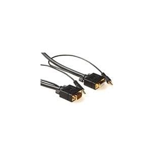 Black Microconnect MONGH5BMJ video cable adapter featuring a 5-meter VGA (D-Sub) connector and a 3.5mm audio jack, with gold-plated connectors for enhanced connectivity.