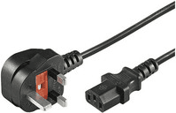 Black 1-meter power cable featuring a Type G power plug on one end and a C13 connector on the other, designed for reliable electrical connections.