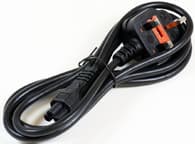 Black 3-meter power cable featuring a Type G power plug and a C5 coupler, made of durable plastic, coiled and secured with a tie.