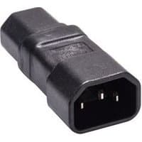 Black Microconnect cable gender changer C14 to C15 with rectangular shape and three-prong connector.