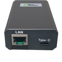 Black Microconnect PoE adapter with LAN port and USB-C, compact rectangular design with logo on top.