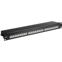 Black 1U Microconnect PP-014 patch panel with 24 ports, labeled front panel, and rack-mountable design.
