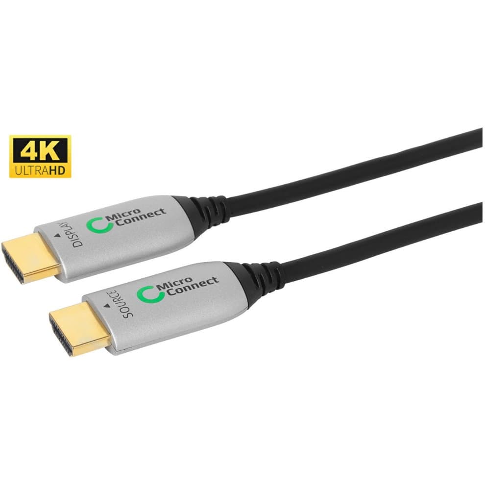 Premium 70m Microconnect HDMI cable featuring a black flexible exterior, gold-plated connectors, and labeled ends for easy identification, supporting 4K Ultra HD resolution.