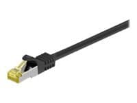 Black 0.25 m Cat7 S/FTP networking cable featuring a sturdy connector with a clear plastic clip and gold-plated contacts for enhanced connectivity.
