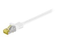 White 1-meter Cat7 S/FTP networking cable with a clear plastic connector and gold-plated pins, designed for high-speed data transmission.