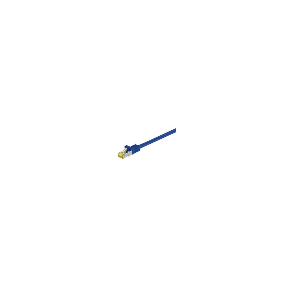 Blue 2-meter Cat7 S/FTP networking cable with a sturdy design, featuring gold-plated connectors for enhanced signal quality and reduced interference.