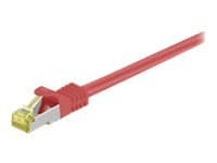 Red 3-meter Cat7 S/FTP networking cable featuring a clear plastic connector with gold contacts, designed for high-speed data transmission.